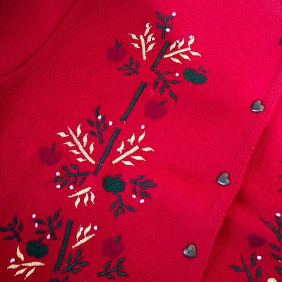 TALBOTS VTG 100% Wool Embroidered Hearts Birds Apple Beaded Cardigan Size L - Picture 8 of 15